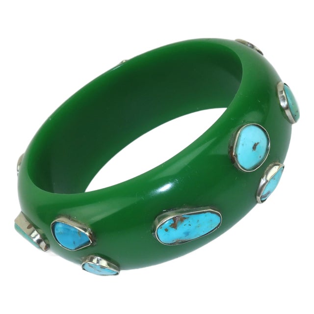 Lucite Bakelite Style Bangle Emerald Green Bracelet With Inlaid Turquoise For Sale