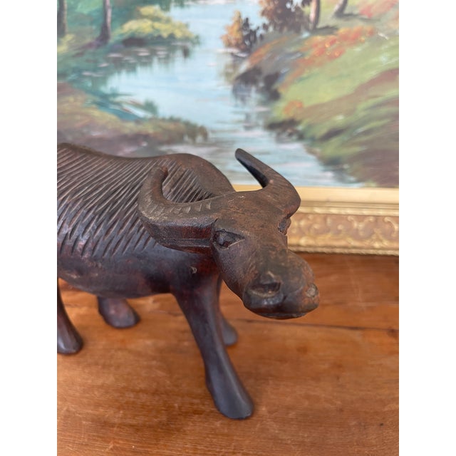 Vintage Hand-Carved Wooden Water Buffalo Sculpture With Textured Detailing. For Sale - Image 4 of 8