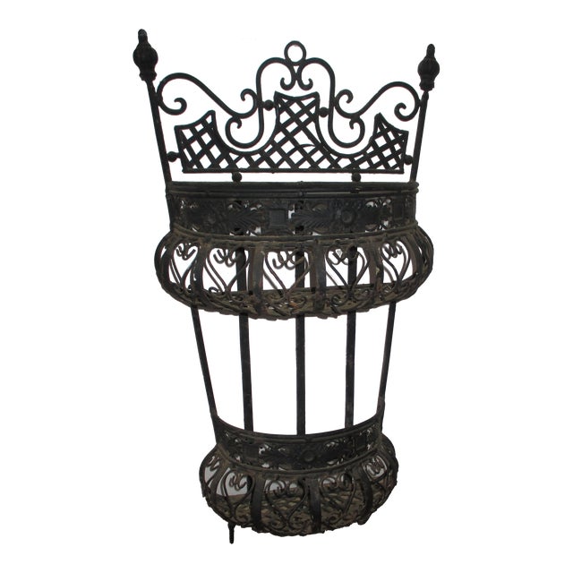 Antique Ornate Metal Victorian Art Nouveau Wall Double Planter & Bottom Hooks For Sale