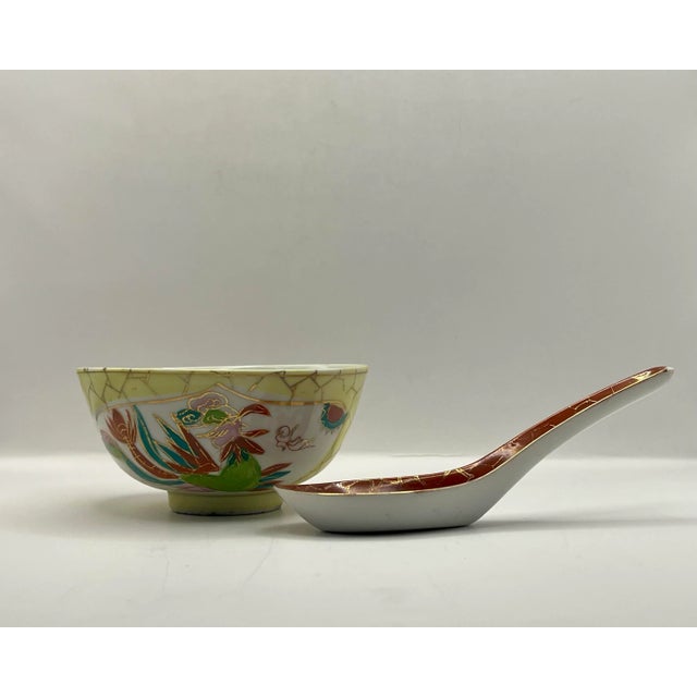Shabby Chic 1950s Asian Dragon Ramen Bowl & Spoon For Sale - Image 3 of 10