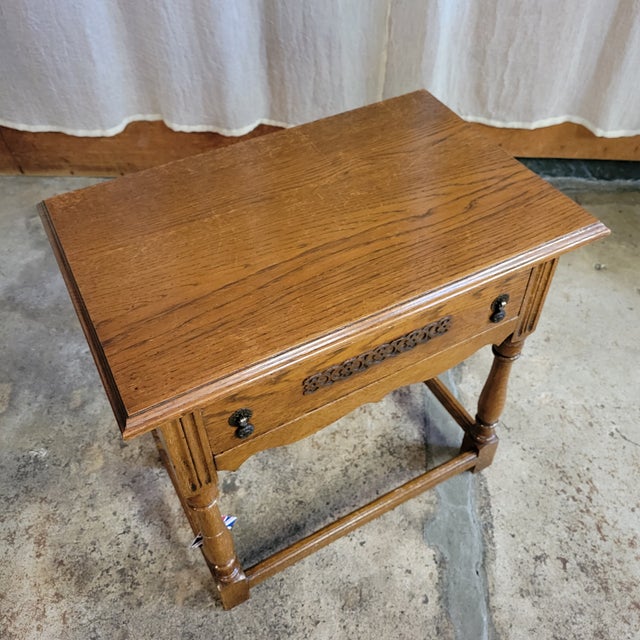 Brown Late 20th Century English Golden Oak Turned Leg Side Table With Stretcher Base and Drawer For Sale - Image 8 of 11