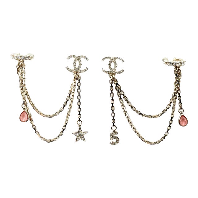 Chanel Gold CC Crystal Chain Star 5 Cuff Piercing Earrings - 2 Pieces For Sale