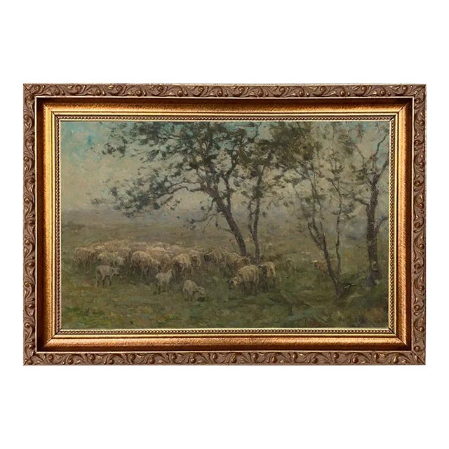 Flock of Sheep Landscape Print on Canvas in Thin Gold Frame- a 7" X 11" Print, Framed to 9" X 13" For Sale