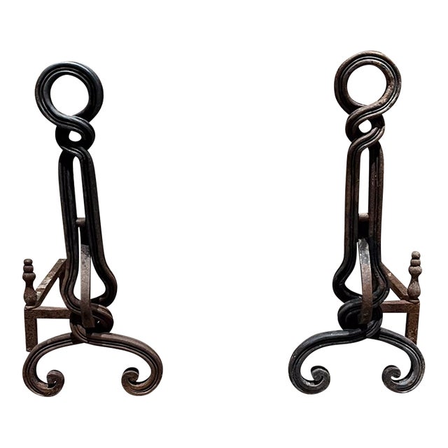 1950s Sculptural Hand Forged Iron Andirons For Sale
