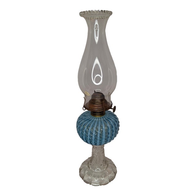 Late 19th Century Rare Thuro Collection Sheldon Swirl Opalescent Kerosene Oil Lamp Blue Reverse For Sale