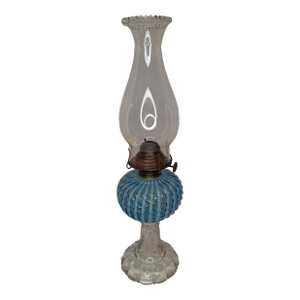 Late 19th Century Rare Thuro Collection Sheldon Swirl Opalescent Kerosene Oil Lamp Blue Reverse