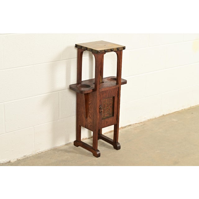 Charles Limbert Stickley Brothers Style Antique Mission Arts & Crafts Oak and Brass Smoker Stand, Circa 1910 For Sale - Image 4 of 17