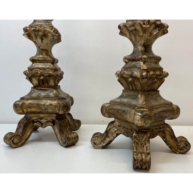 Mid 20th Century Mid 20th Century Venetian Style Carved Silver Tone Gilt Wood Prickets - a Pair For Sale - Image 5 of 10