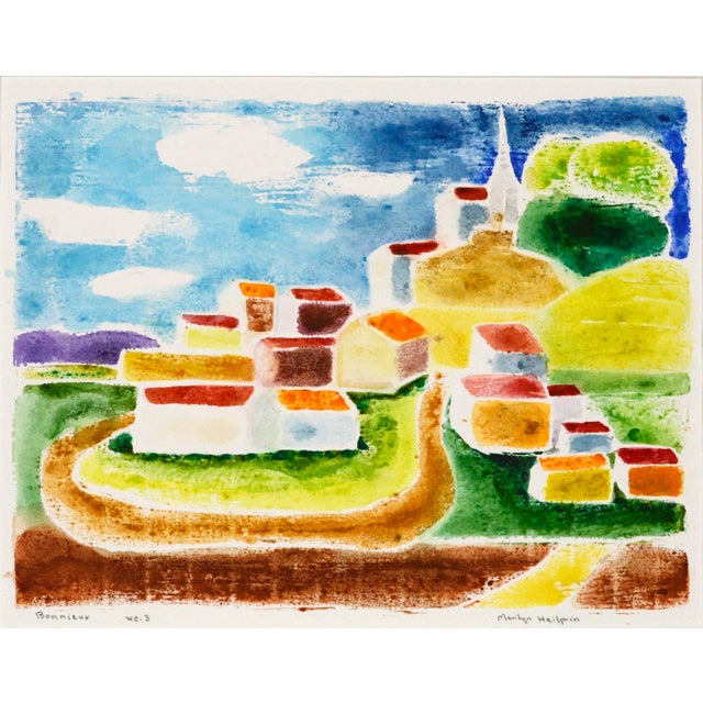 Bonnieux Village Luberon France Bright and expressive white line woodcut in watercolor of Bonnieux Village Luberon France...