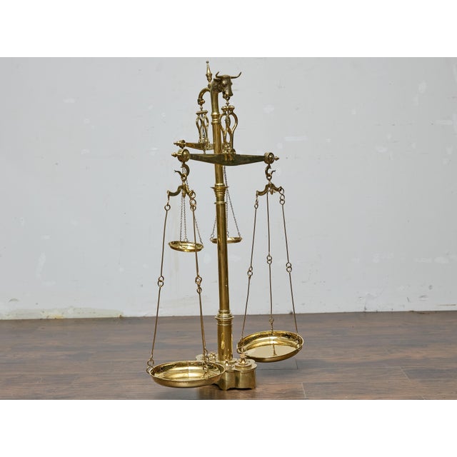 Large 19th Century English Brass Scale With Weights and Bull Finial For Sale - Image 11 of 16