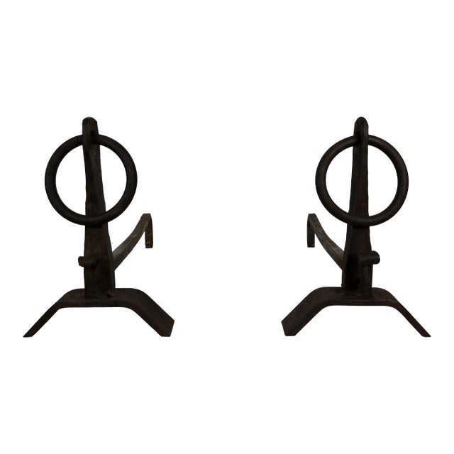 Modernist Wrought Iron Andirons in the Style of Jacques Adnet - a Pair For Sale