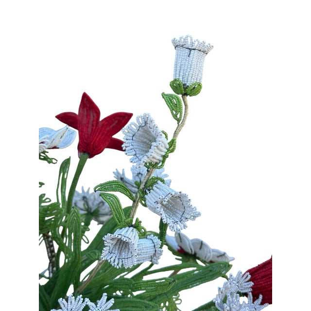 Vintage French Imortelle Glass Beaded Memorial Basket Bouquet For Sale - Image 9 of 12