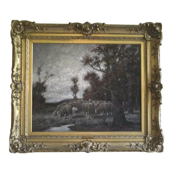 Late 19th Century "Sheep Herder" Landscape Oil Painting by Adolf Kaufmann, Framed For Sale