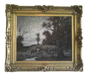 Late 19th Century "Sheep Herder" Landscape Oil Painting by Adolf Kaufmann, Framed