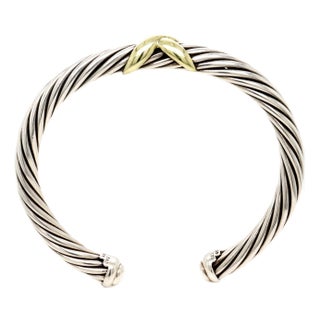 David Yurman Sterling Silver & 14k Gold X Classic Cable Station 7mm Bracelet For Sale