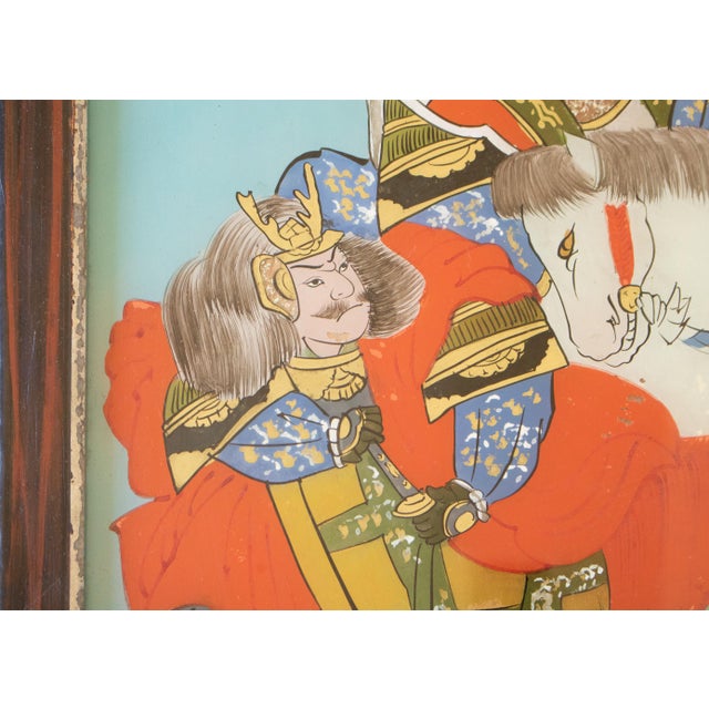 Wood Antique Chinese Reverse Glass Painting of Japanese Samurai For Sale - Image 7 of 18