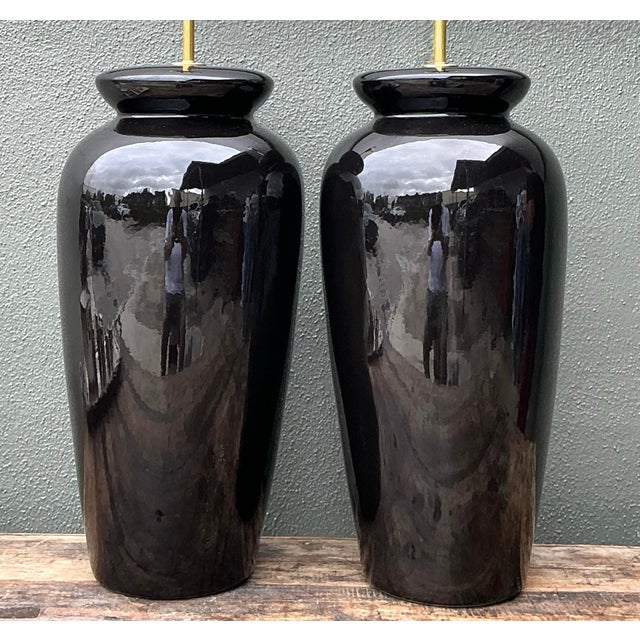 Black Vintage Postmodern Ceramic Lamps - A Pair For Sale - Image 8 of 12