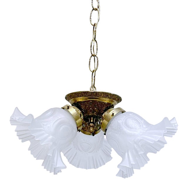 Vintage 1950s Brass Chandelier With Frosted Glass Shades For Sale