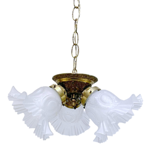Vintage 1950s Brass Chandelier With Frosted Glass Shades