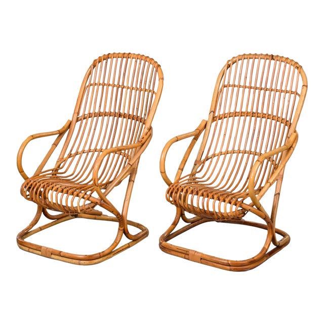 Vintage Italian Tito Agnoli Rattan Chairs - Pair For Sale