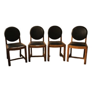 Vintage Wooden Dining Chairs with Black Leather Upholstery, 1940s, Set of 4 For Sale