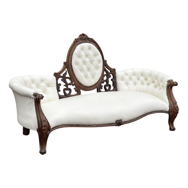 Victorian Walnut and White Leather Sofa with Cabriole Legs For Sale