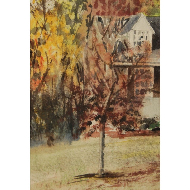 1980s Vintage 20th C. New England House in Autumn Original Watercolor, Signed For Sale - Image 5 of 13
