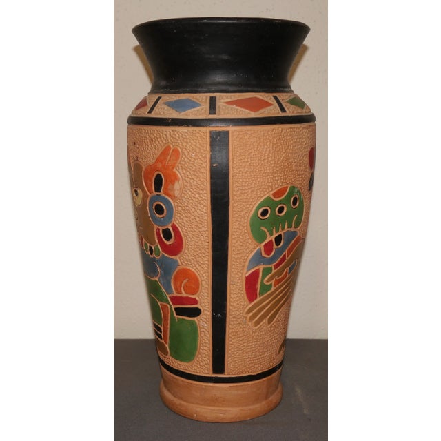 Vintage 1960s Guatemalan Mid Century Modern Clay Aztec Motifs Baluster Vase For Sale - Image 4 of 6