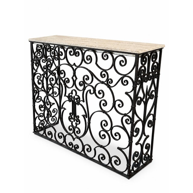 Classical Roman Decorative Unique Iron Console With Travertine Top For Sale - Image 3 of 4