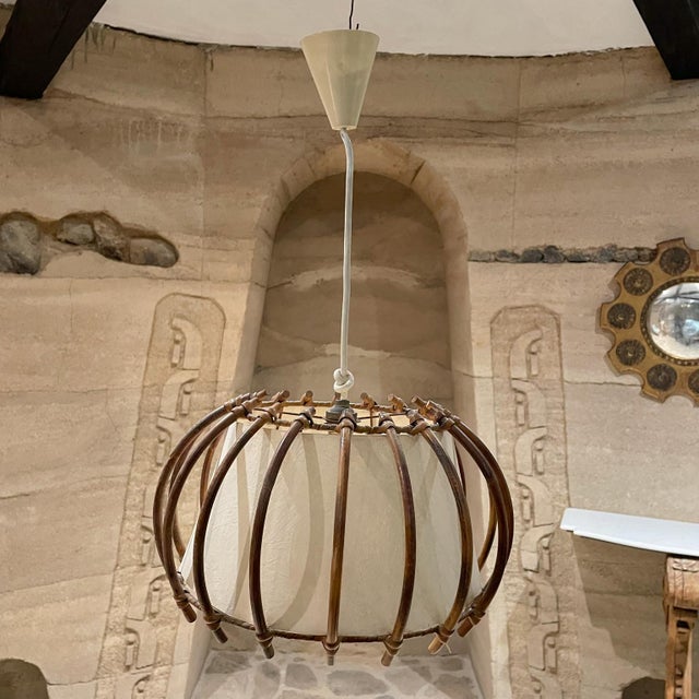 Brown 1950s Sculptural French Bamboo Large Pendant Hanging Lamp France For Sale - Image 8 of 8