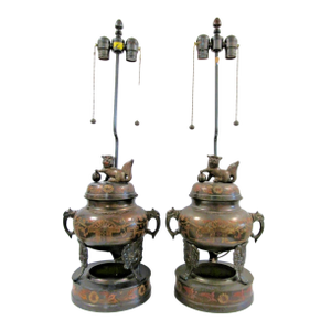 1960s Marbro Bronze Censer Lamps Foo Dogs Elephant Handles Sculpture Table Lamps - a Pair