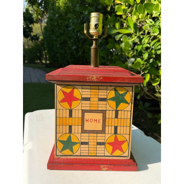 Vintage Folk Art Game Board Painted Wood Table Lamp For Sale In Naples, FL - Image 6 of 11