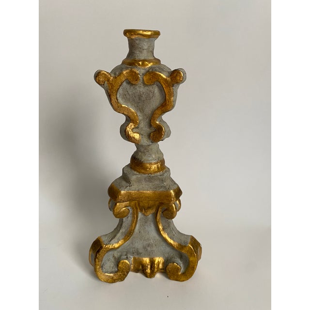 Pair of Italian-Style Gray and Gilt Scrollwork Candlesticks For Sale - Image 4 of 4