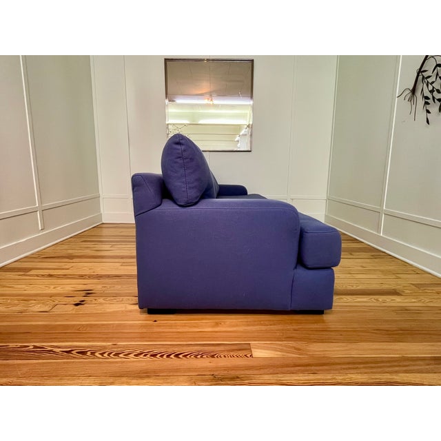 Italian Custom Modern Upholstered Sofa in Italian Blue Felted Wool With Luggage Stitching For Sale - Image 3 of 3