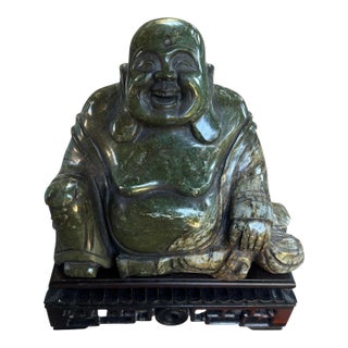 Large Mid 20th Century Hand Carved Solid Nephrite Jade Happy Buddha With Stand For Sale