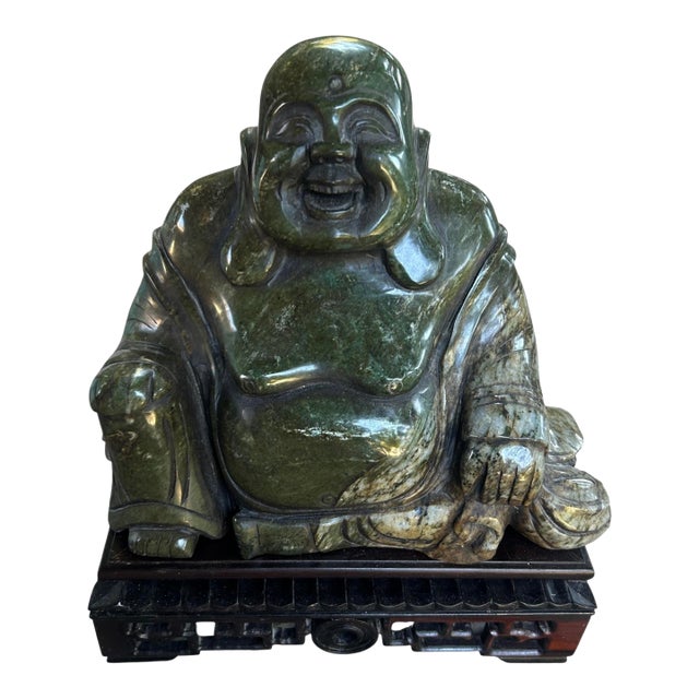 Large Mid 20th Century Hand Carved Solid Nephrite Jade Happy Buddha With Stand For Sale
