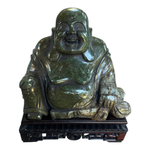 Large Mid 20th Century Hand Carved Solid Nephrite Jade Happy Buddha With Stand