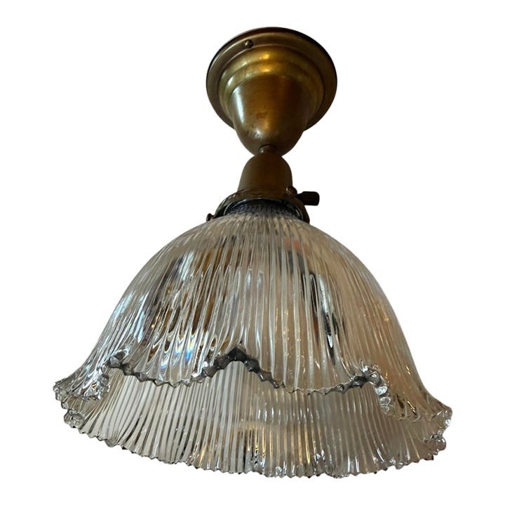 1920s Americana Fluted Halophane Shade Flushmount Light Fixture | Chairish