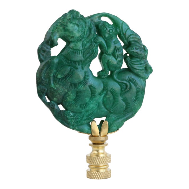 Monkey on Horseback Carved Stone Lamp Finial on Brass Hardware For Sale