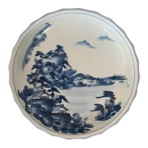 Japanese Large Hirado Mikawatchi Deep Plate With Traditional Cobalt Blue Decoration