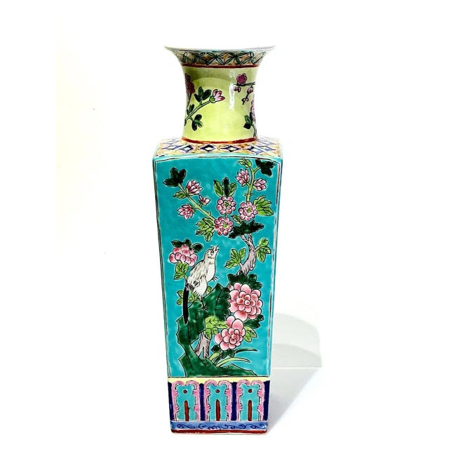 Chinoiserie Nyonya Straits Chinese Square Form Floral Blue, Yellow and Pink Porcelain Lamp Base Vase For Sale - Image 3 of 9