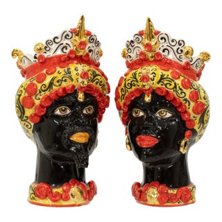Pair of Sicily & More Handcrafted Ceramic Moore Head Vases by Caltagirone For Sale