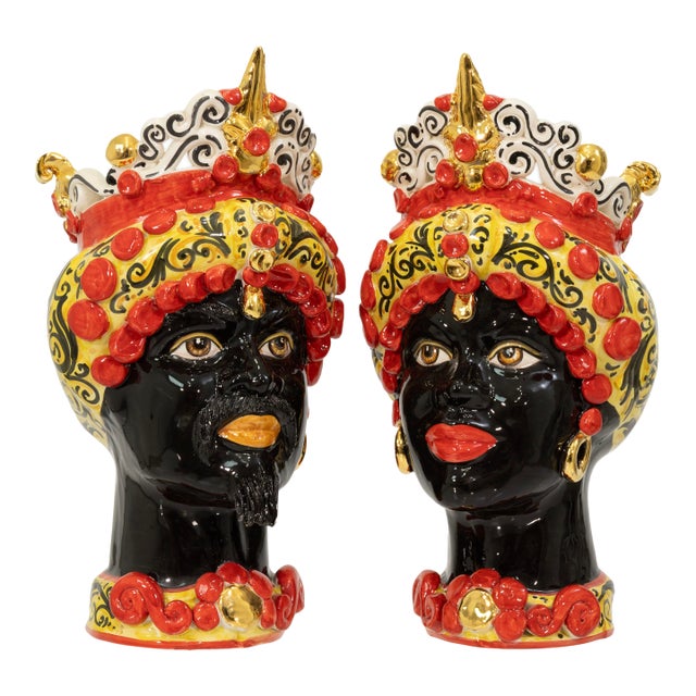 Pair of Sicily & More Handcrafted Ceramic Moore Head Vases by Caltagirone For Sale