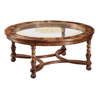 Traditional Round Coffee Table with Glass Inset For Sale