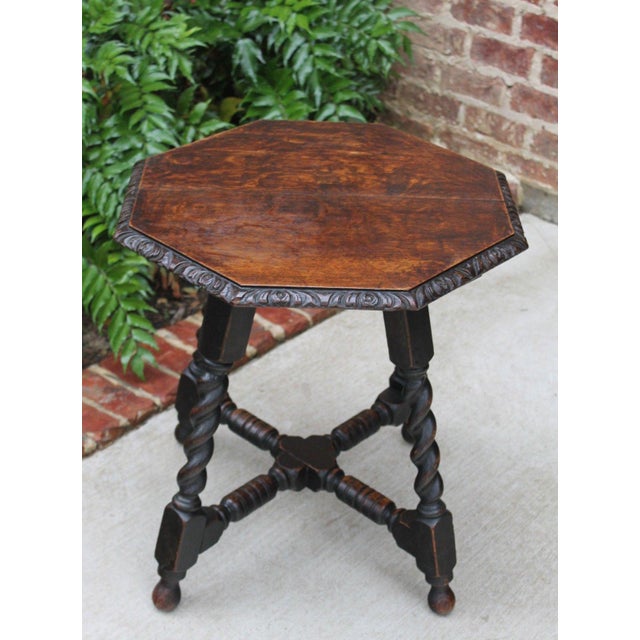 Antique English Barley Twist Table Carved Oak Octagonal End Table