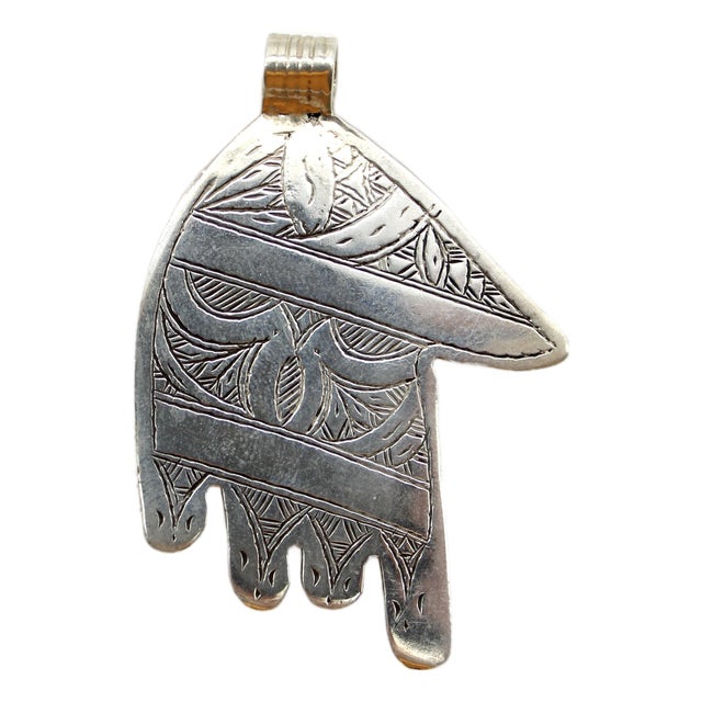 Vintage Berber Hand of Fatima/ Hamsa Sterling Silver Pendant With Geometric Motif For Sale