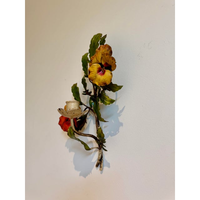 Mid 20th Century Midcentury Italian S. Salvadori Hand Painted Tole Candle Sconce With Pansy Motif For Sale - Image 5 of 10