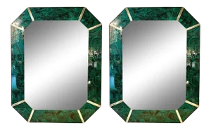 Hollywood Regency Octagonal Wall Mirrors Vintaged Malachite Style