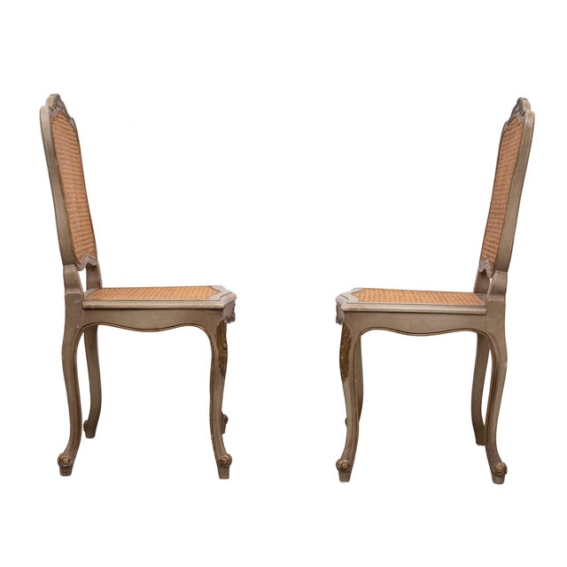 Louis XV Gilt and Green Painted Cane Side Chairs, 1880, Set of 2 For Sale - Image 4 of 14