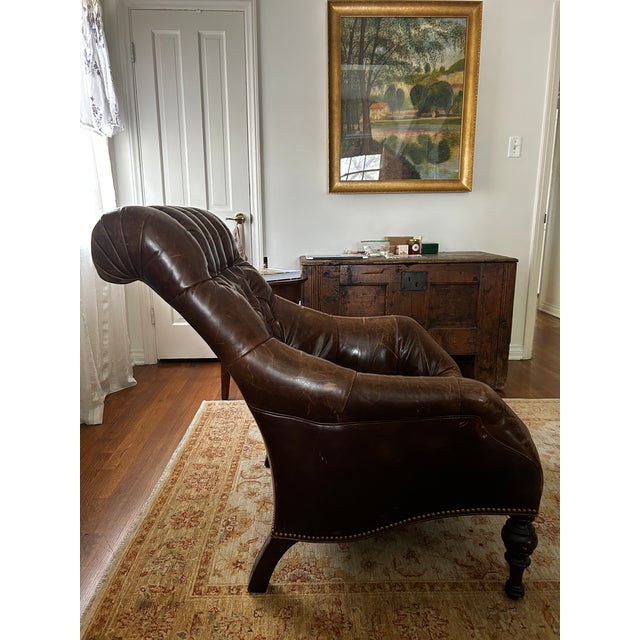 Victorian Oversized Diamond Tufted Leather Library Chair, Bobbin Legs & Nailhead Trim For Sale - Image 3 of 7